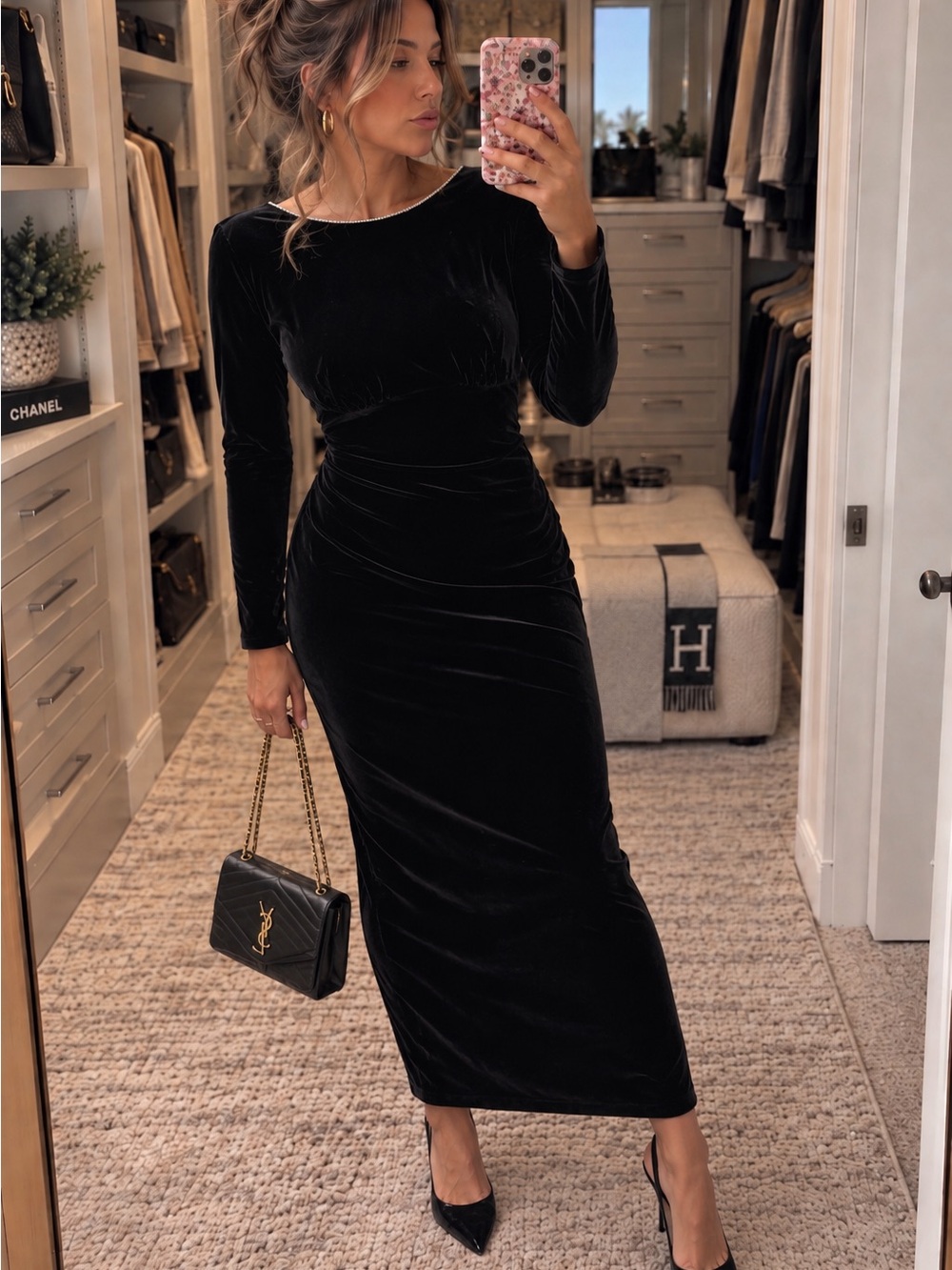 DATIANI Vintage Black Velvet Rhinestone Deep V Back Maxi Dress